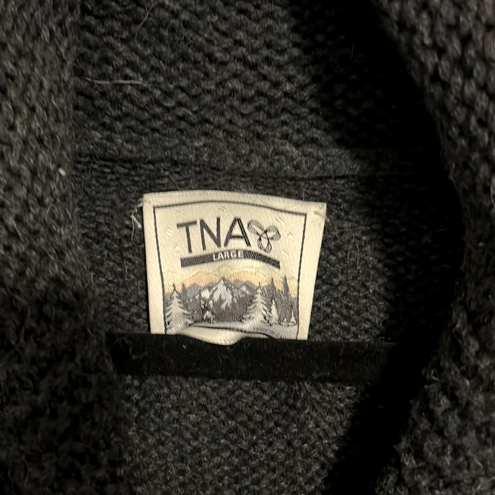 TNA: Cozy Black and Gray Zip Shawl Collar Sweater with Reindeer Motif. Sz L. - Picture 4 of 8